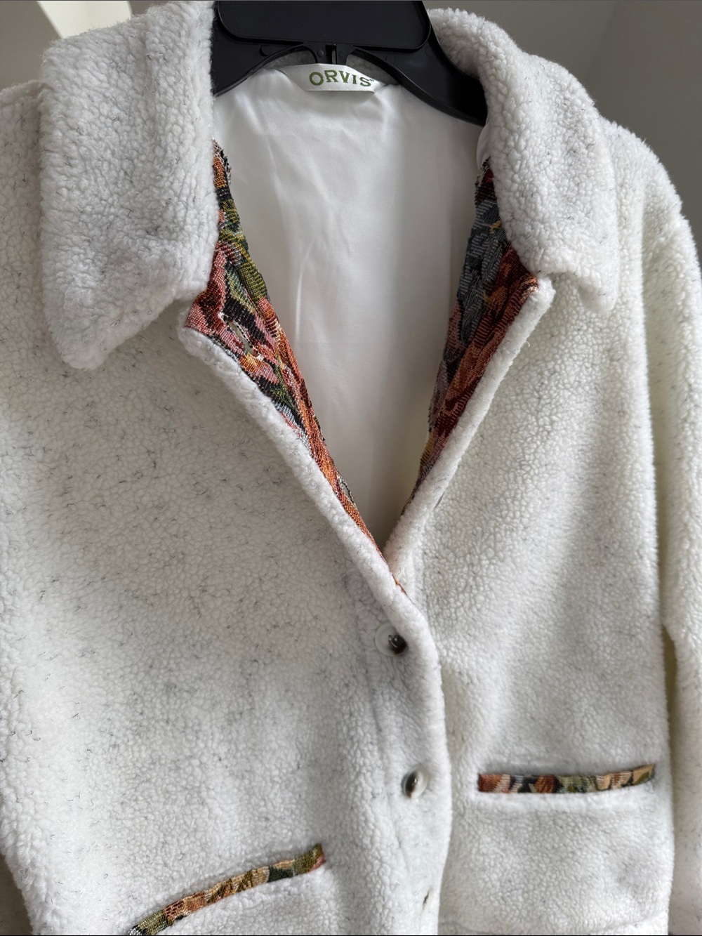 Orvis Cream Plush Button-Front Teddy Jacket with Patterned Trim